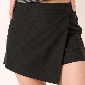 MITTOSHOP Black Vegan Leather Asymmetrical Wrap Skort, High-Waisted Faux Leather